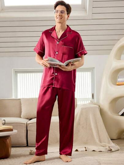 SHEIN مجموعة بيجامة 2 قطعة ملابس علوية قصير الأكمام بياقة بولو بسيطة وبنطال طويل للرجال