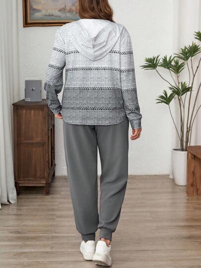 SHEIN LUNE مجموعة من قطعتين، توب ذو فتحة رأس بغطاء وبنطلون ربطة خصر به جيوب، مقاس كبير، ملابس رياضية كاجوال مناسبة للمكتب وحفلات السنة الجديدة ومناسبات العطلات للنساء