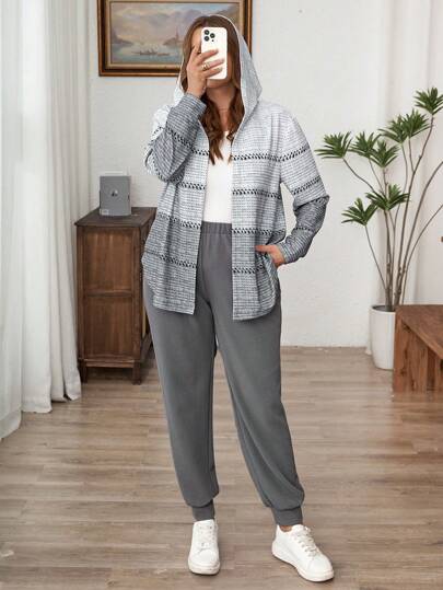 SHEIN LUNE مجموعة من قطعتين، توب ذو فتحة رأس بغطاء وبنطلون ربطة خصر به جيوب، مقاس كبير، ملابس رياضية كاجوال مناسبة للمكتب وحفلات السنة الجديدة ومناسبات العطلات للنساء