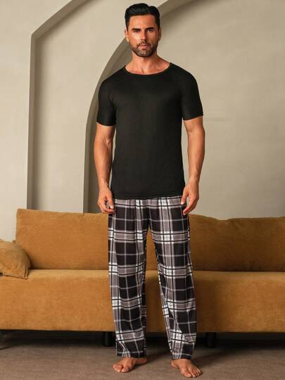 Manfinity Underwear&Sleepwear Basics بنطلون رجالي فضفاض بخصر مرن وساق مستقيمة بطبعة المربعات، للخريف والشتاء