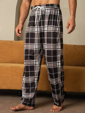 Manfinity Underwear&Sleepwear Basics بنطلون رجالي فضفاض بخصر مرن وساق مستقيمة بطبعة المربعات، للخريف والشتاء