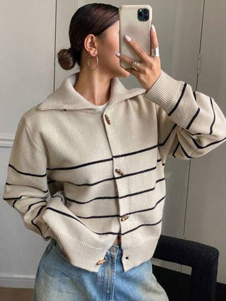 DAZY كارديجان فضفاض بياقة عالية وأكمام طويلة مزين بأزرار قرنية للنساء، ملابس نسائية للخريف بألوان متباينة مخططة