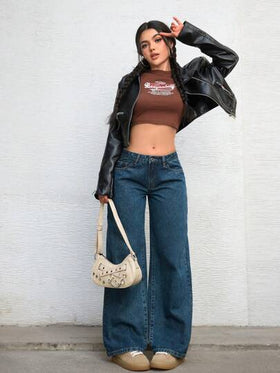 SHEIN ICON بنطال جينز بجيب لون عادي، قصة عريضة الساق، متعددة الاستخدامات بشكل كاجوال