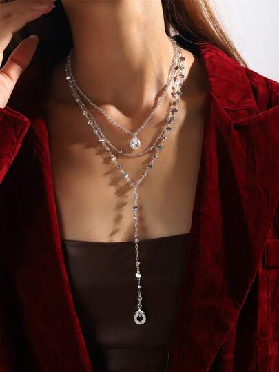 Vogue Whisper قلادة فضية على شكل Y متعددة الطبقات للنساء بتصميم بسيط وأنيق، مناسبة كهدية عيد ميلاد أو للارتداء اليومي