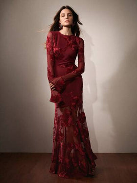 Anewsta فستان أنيق رومانسي ناعم مطرز بزهور ثلاثية الأبعاد بتصميم ظهر مكشوف وخصر ضيق مناسب لرأس السنة وعيد الحب للنساء