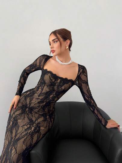 Aloruh فستان أسود طويل صالح للحفلات/المناسبات/الحفلات النسائي جديد لفصل الخريف/الشتاء، ذو أكمام طويلة وياقة من الدانتيل، بشكل مضيق وقبة، بطول كامل الأرض