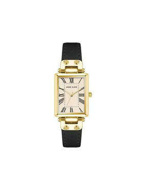 Anne Klein ساعة كوارتز بسوار جلد أسود للنساء، قرص نسيجي كريمي، حالة بلون ذهبي، أنيقة وعصرية، مناسبة كهدية للسيدات، AK/3752CRBK