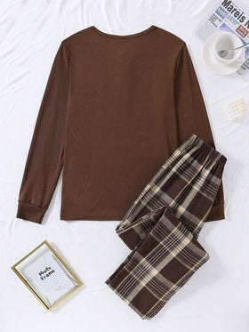 SHEIN طقم قطعتين من ملابس علوية بأكمام طويلة ذات نسيج محبوك وبنطال كلاسيكي مربعات، ملابس مريحة وكاجوال للمراهقين الذكور