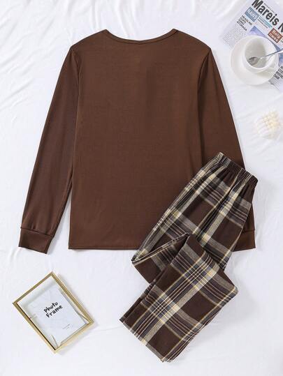 SHEIN طقم قطعتين من ملابس علوية بأكمام طويلة ذات نسيج محبوك وبنطال كلاسيكي مربعات، ملابس مريحة وكاجوال للمراهقين الذكور