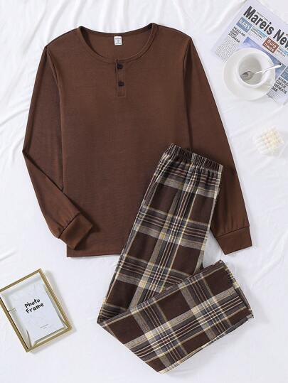 SHEIN طقم قطعتين من ملابس علوية بأكمام طويلة ذات نسيج محبوك وبنطال كلاسيكي مربعات، ملابس مريحة وكاجوال للمراهقين الذكور