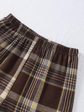 SHEIN طقم قطعتين من ملابس علوية بأكمام طويلة ذات نسيج محبوك وبنطال كلاسيكي مربعات، ملابس مريحة وكاجوال للمراهقين الذكور