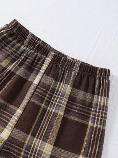 SHEIN طقم قطعتين من ملابس علوية بأكمام طويلة ذات نسيج محبوك وبنطال كلاسيكي مربعات، ملابس مريحة وكاجوال للمراهقين الذكور