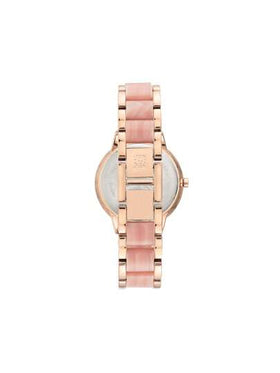 Anne Klein ساعة سوار من الألماس الوردي والبني مع قرص من لؤلؤ الأم باللون الزهري الفاتح للسيدات، سوار قابل للتعديل كهدية، AK/1412PKRG