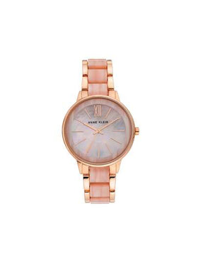 Anne Klein ساعة سوار من الألماس الوردي والبني مع قرص من لؤلؤ الأم باللون الزهري الفاتح للسيدات، سوار قابل للتعديل كهدية، AK/1412PKRG
