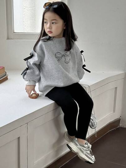 Dazy Kids مجموعة قطعتين للفتيات (الفتيات الصغار) بأعلى دائري محبوك مع فيونكة وطباعة، ملابس شتوية رمضان