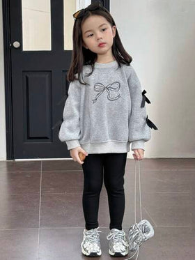Dazy Kids مجموعة قطعتين للفتيات (الفتيات الصغار) بأعلى دائري محبوك مع فيونكة وطباعة، ملابس شتوية رمضان