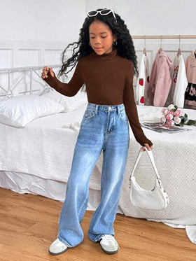 SHEIN كنزة صوفية ضيقة ذات رقبة دائرية بأكمام طويلة ذات لون أحادي للفتيات المراهقات