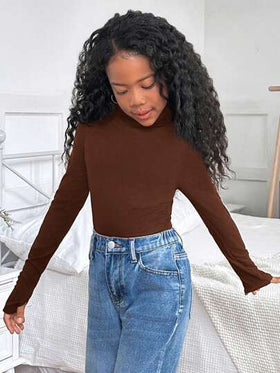 SHEIN كنزة صوفية ضيقة ذات رقبة دائرية بأكمام طويلة ذات لون أحادي للفتيات المراهقات