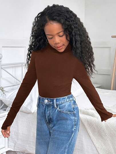 SHEIN كنزة صوفية ضيقة ذات رقبة دائرية بأكمام طويلة ذات لون أحادي للفتيات المراهقات