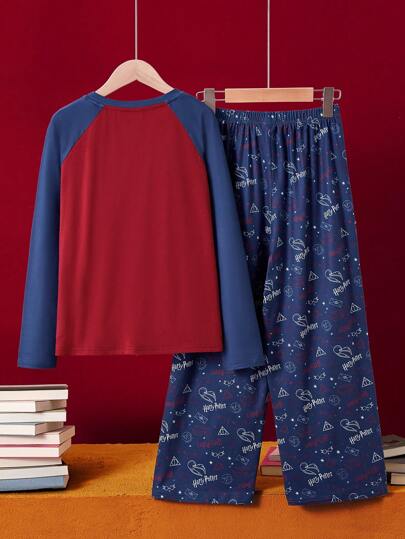 HARRY POTTER X SHEIN مجموعة 2قطعة: بنطلون منزلي وتيشيرت نصف كم متباين الألوان مطبوع عليه شارة وأحرف لفتى صغير، بنطلون بنمط مطبوع للراحة والنوم