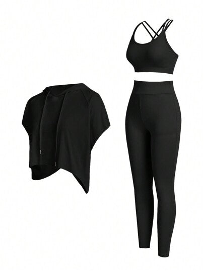 Easify SHEIN Sport طقم مكون من 3 قطع: توب أبيض فضفاض ذو كابوشون + توب كامي بيج ضيق + طماق بيج