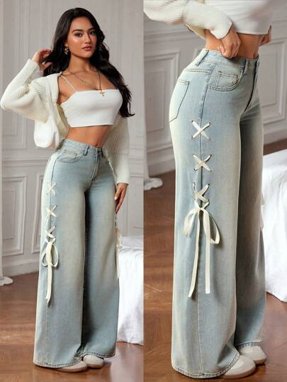 SHEIN EZwear سراويل جينز نسائية قصيرة بقصة واسعة للساق، بخصر ربط جانبي