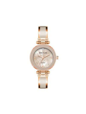 Anne Klein ساعة معصم نسائية فاخرة بعقارب ماسية، مقترنة بقرص أم اللؤلؤ وردي فاتح، سوار من الذهب الوردي مطلي بالمينا الوردية الفاتحة، حزام قابل للتعديل، ساعة كوارتز تناظرية، ساعة هدية للنساء، AK/1980BMRG