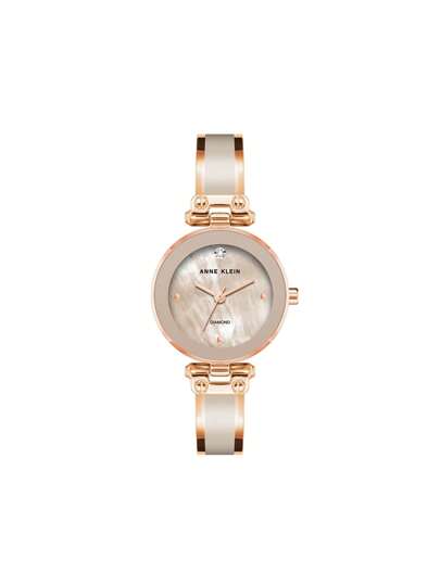 Anne Klein ساعة معصم نسائية فاخرة بعقارب ماسية، مقترنة بقرص أم اللؤلؤ وردي فاتح، سوار من الذهب الوردي مطلي بالمينا الوردية الفاتحة، حزام قابل للتعديل، ساعة كوارتز تناظرية، ساعة هدية للنساء، AK/1980BMRG