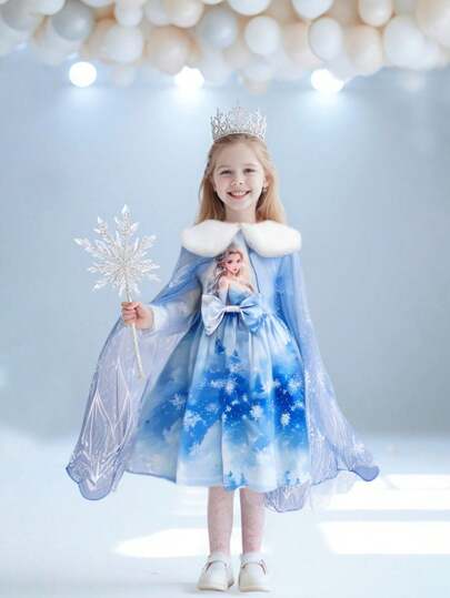 SHEIN Elladie kids مجموعة فستان أنيق بأكمام طويلة للفتيات الصغيرات للربيع/الخريف بطراز أميرة مع رداء كيب من الشبك، لمناسبة عيد الميلاد