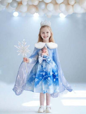 SHEIN Elladie kids مجموعة فستان أنيق بأكمام طويلة للفتيات الصغيرات للربيع/الخريف بطراز أميرة مع رداء كيب من الشبك، لمناسبة عيد الميلاد