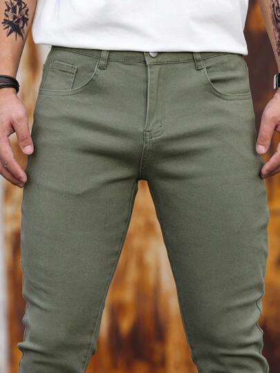 Manfinity Homme بنطال جينز رجالي ذو لون سادة بجيب أمامي وأزرار بسيط وكاجوال
