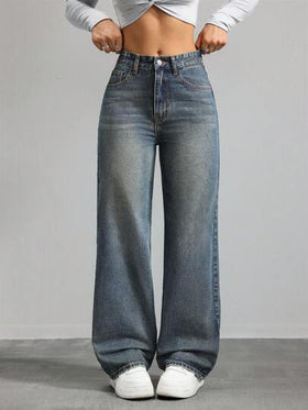 SHEIN x Lina SHEIN ICON بنطال جينز أرجل مستقيمة وخصر متوسط، عتيق بلون مغسول ، كاجوال