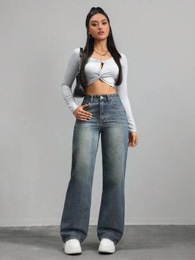 SHEIN x Lina SHEIN ICON بنطال جينز أرجل مستقيمة وخصر متوسط، عتيق بلون مغسول ، كاجوال