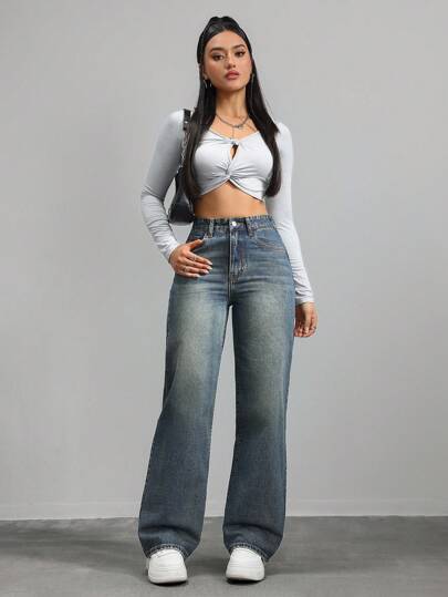 SHEIN x Lina SHEIN ICON بنطال جينز أرجل مستقيمة وخصر متوسط، عتيق بلون مغسول ، كاجوال