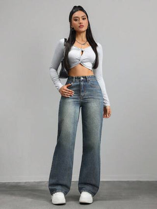 x Lina ICON بنطال جينز أرجل مستقيمة وخصر متوسط، عتيق بلون مغسول ، كاجوال