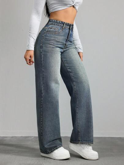 SHEIN x Lina SHEIN ICON بنطال جينز أرجل مستقيمة وخصر متوسط، عتيق بلون مغسول ، كاجوال