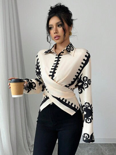 Elenzga بلوزة أنيقة طويلة الأكمام مطبوعة ذات خصر ممسوك وملتفة من الأمام للنساء