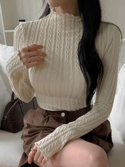 DAZY قميص نسائي بياقة عالية ضيق بلون أحادي وملمس، وصول جديد للخريف، أكمام طويلة، ملابس نسائية للخريف