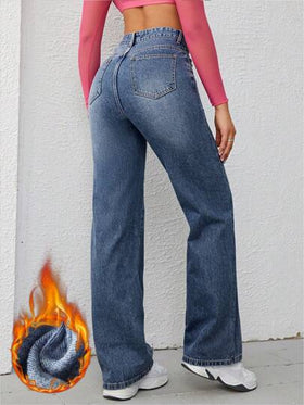 SHEIN EZwear بنطلون جينز نسائي فضفاض مستقيم الساق مع جيوب، سميك مناسب للاستخدام اليومي في مناسبات والكريسماس