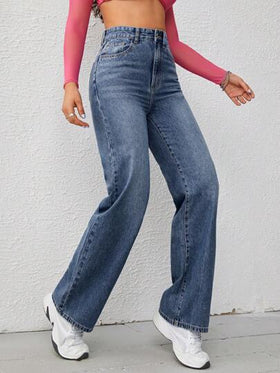 SHEIN EZwear بنطلون جينز نسائي فضفاض مستقيم الساق مع جيوب، سميك مناسب للاستخدام اليومي في مناسبات والكريسماس