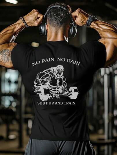Manfinity Sport Corelite تي شيرت ذو أكمام قصيرة مع طباعة شعارات حيوانات، من طراز صديق للرجال، للنشاط البدني والجيم