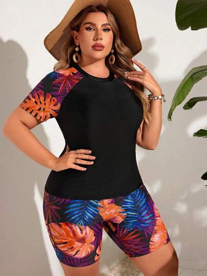 Swim SPRTY بلوزة قصيرة مقسومة طبع كبيرة الحجم مثير للصيف