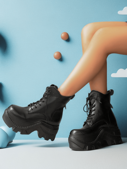 بوت كومبات بسحاب معقود للنساء بلون أسود، بتصميم كتف سميك وأصابع مدورة