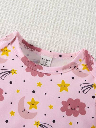 SHEIN طقمان من بدلة قصيرة مطبوعة بنجوم وأقمار وزهور للأطفال البنات ملابس منزلية مريحة