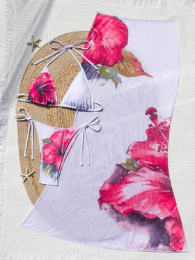Swim SXY مجموعة بيكيني مكونة من 3 قطع للنساء ذات أشرطة رفيعة وكأس مثلث مزينة بالورود وفستان، مجموعة أزياء صيفية للعطلات الساحرة