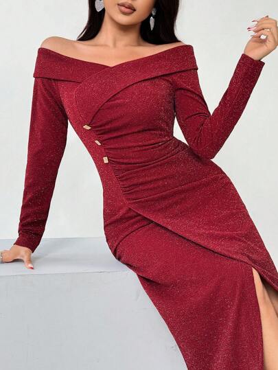 Modelyn فستان نسائي أنيق متلائم بلمسات لامعة وأكتاف مكشوفة، فساتين سهرة طويلة خريفية