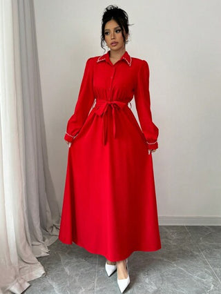 Elenzga فستان ثوب قميص نسائي بأكمام طويلة ومزخرف بخرز صناعي، باللون الأحمر للملابس السنة الجديدة