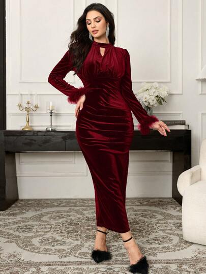 Modelyn فستان نسائي طويل سواد من الفيلكرو بأكمام طويلة وسحاب, متقطع ولامع, طراز كاجوال, بلون بوردو, فستان ماكسي نسائي طويل لحفلات المساء