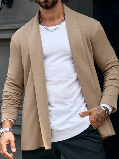 Manfinity Homme معطف طويل الأكمام كاجوال أحادي اللون للرجال، معطف رجالي، ملابس رجالية للخريف والشتاء، معطف شتوي للرجال، معطف بيج