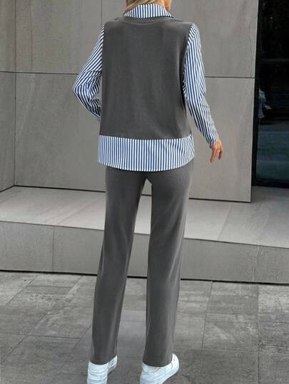 SHEIN LUNE 2 قطعة/مجموعة بدلة رياضية مرقعة للنساء بتصميم شريط للخريف، سروال وبلوزة